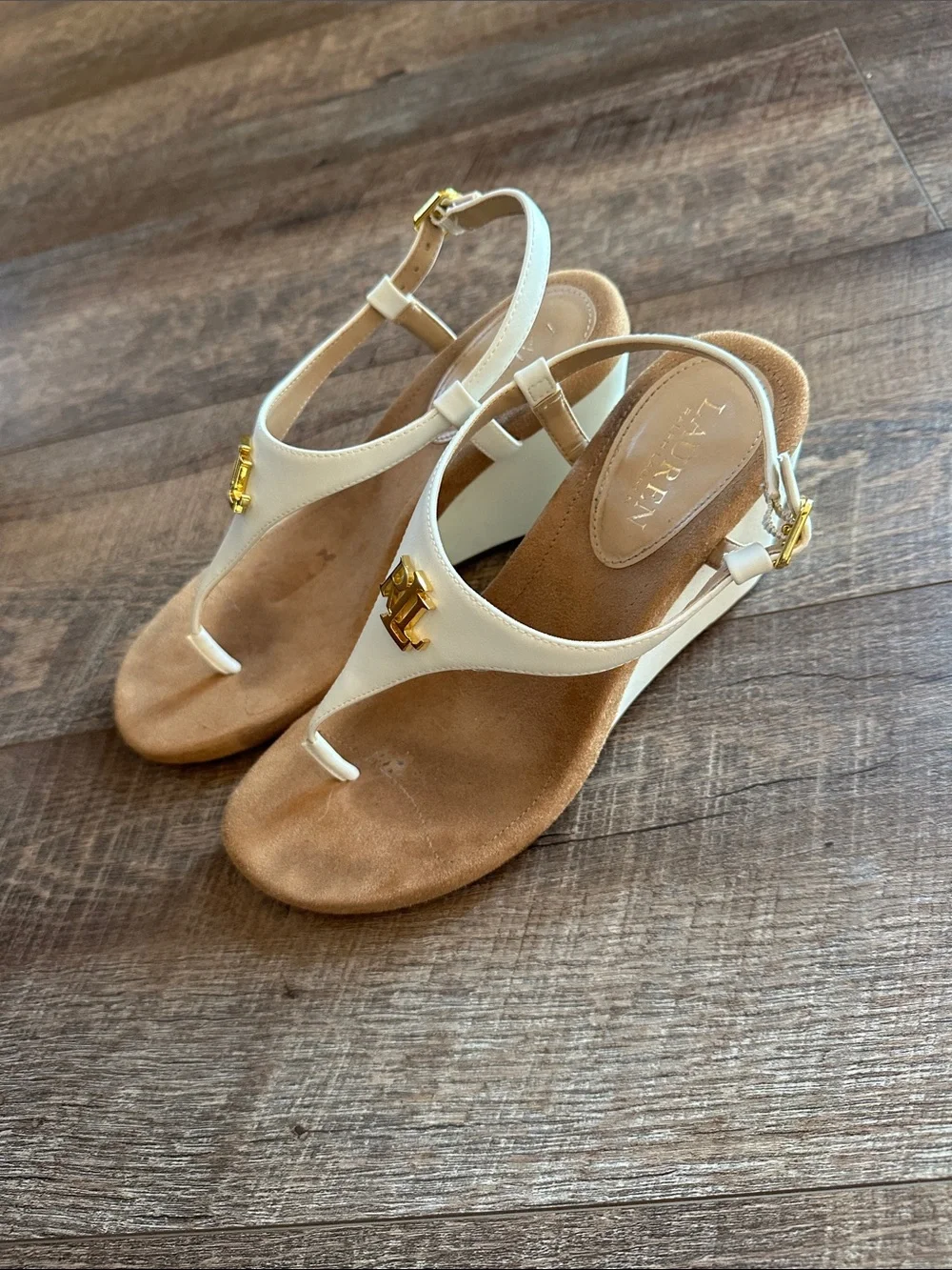 Ralph Lauren Lauren white Wedge Thong Sandals with Gold logo Accent